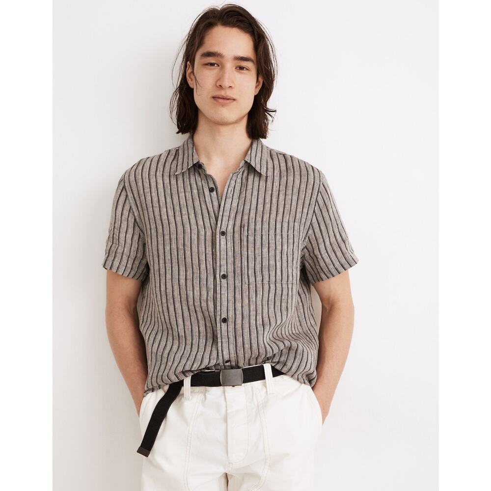 Madewell Linen Perfect Short-Sleeve Shirt Coal Stripe